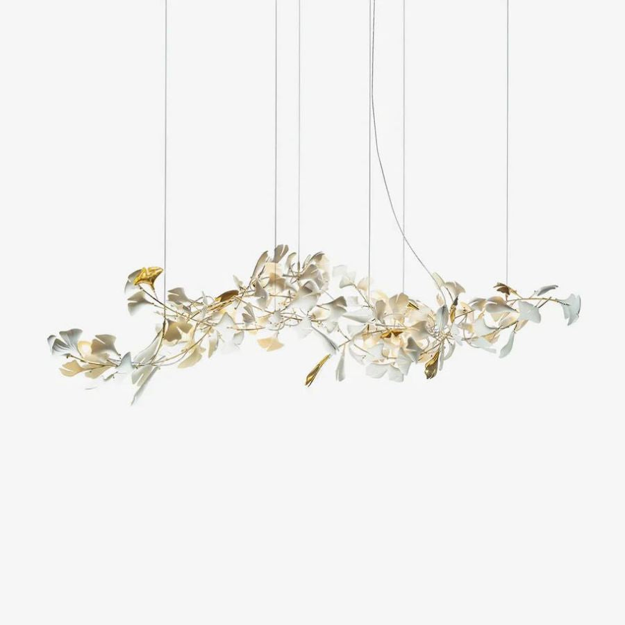 Kroonluchter Keramiek Ginkgo Bladeren Lineair Design Hanglamp Eetkamer Woonkamer Porselein Messing Verlichting | Sansoti