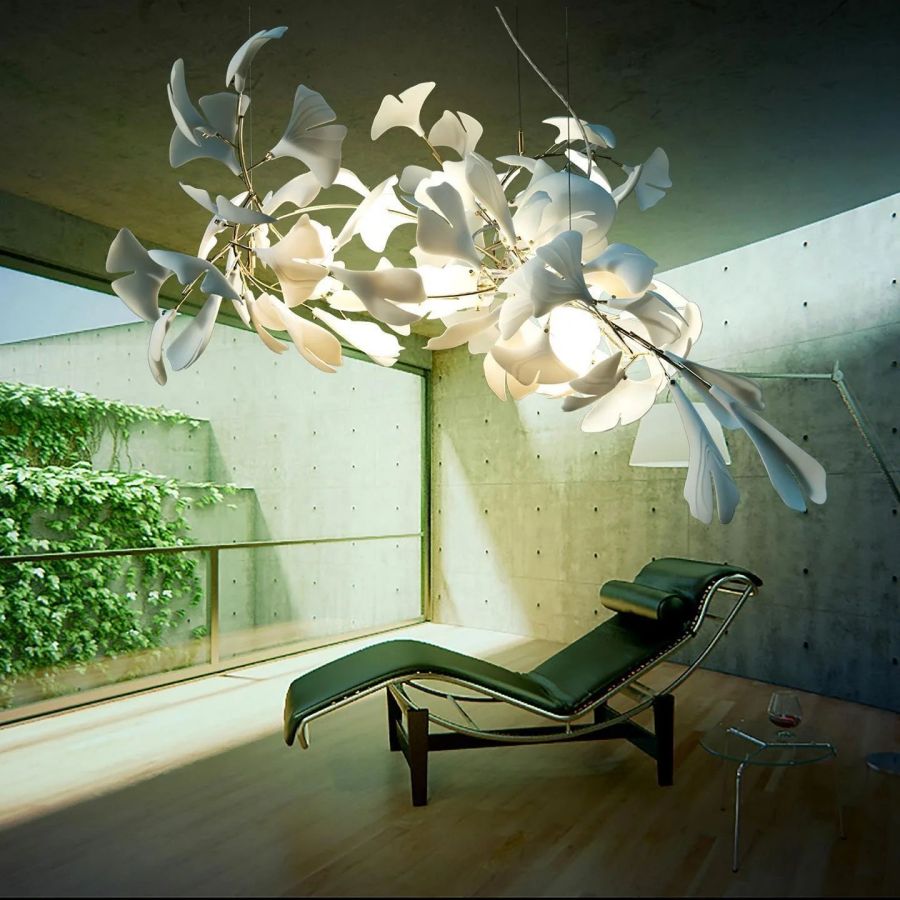 Kroonluchter Keramiek Ginkgo Bladeren Lineair Design Hanglamp Eetkamer Woonkamer Porselein Messing Verlichting | Sansoti