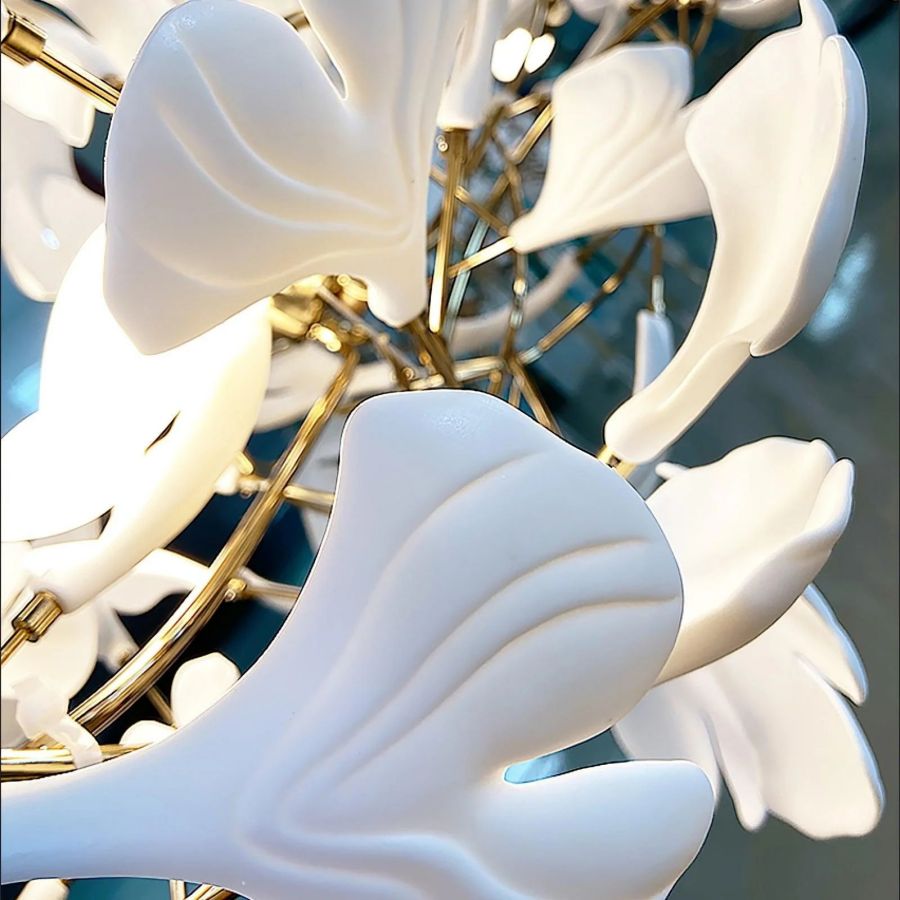 Kroonluchter Keramiek Ginkgo Bladeren Lineair Design Hanglamp Eetkamer Woonkamer Porselein Messing Verlichting | Sansoti