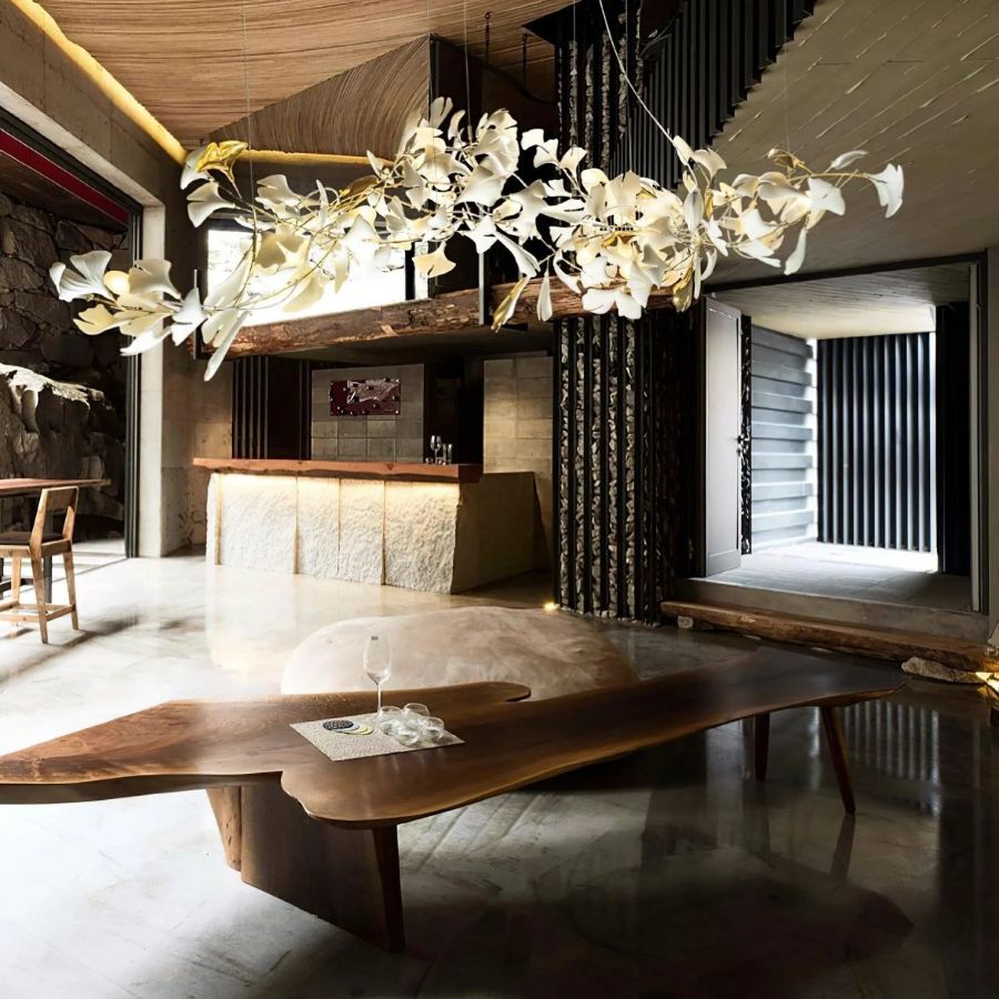 Kroonluchter Keramiek Ginkgo Bladeren Lineair Design Hanglamp Eetkamer Woonkamer Porselein Messing Verlichting | Sansoti