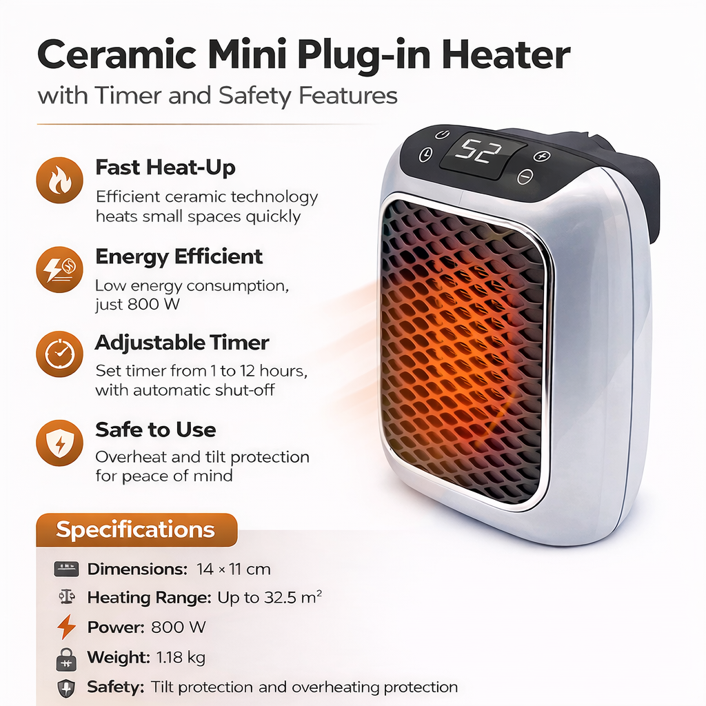 Keramische Stekkerverwarming 800W Timer Kantelbeveiliging Oververhittingsbeveiliging Stille Verwarming | Sansoti