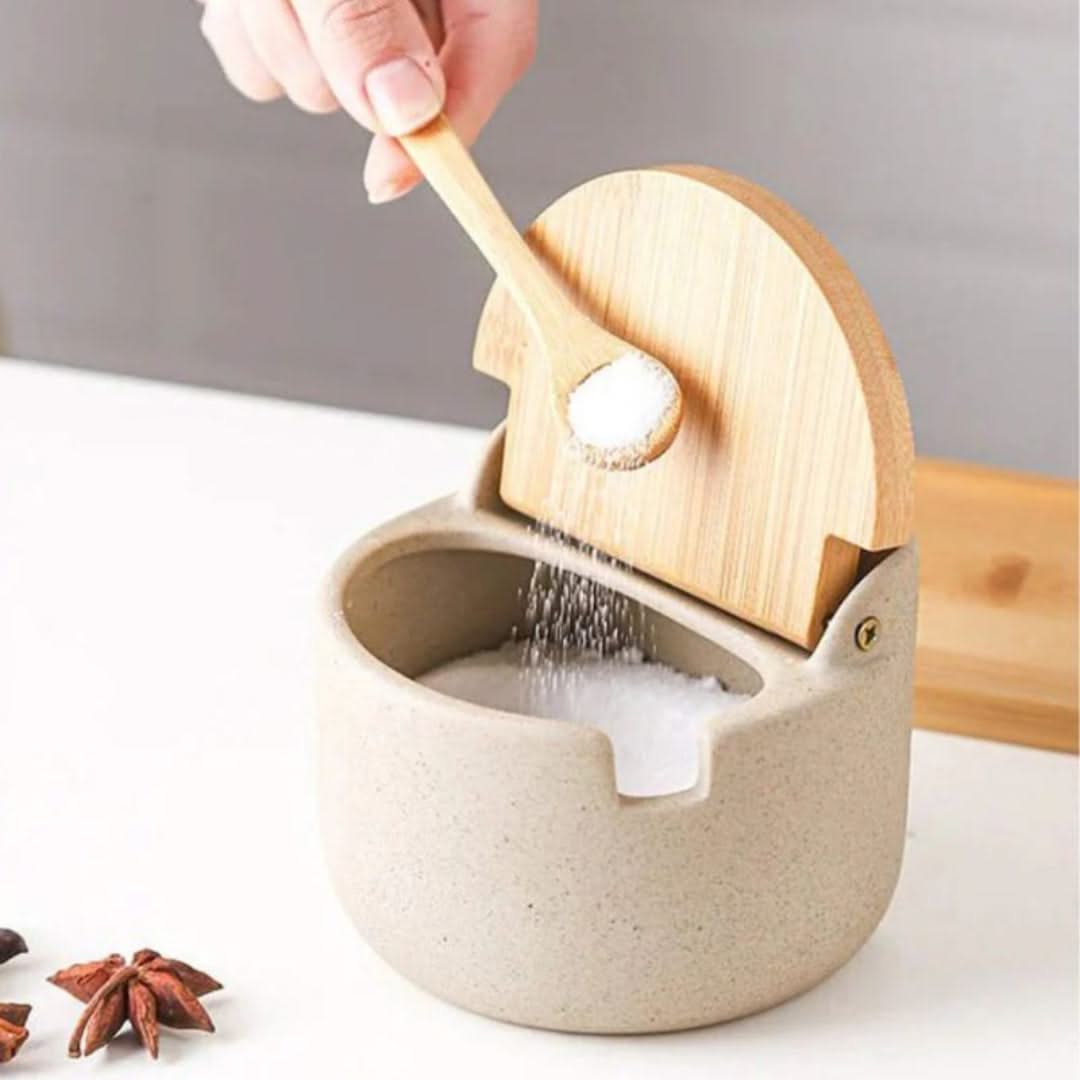 Ceramic Spice Jar Set with Bamboo Lids and Spoons for Salt, Sugar, and Spices, Kitchen Storage Containers | Sansoti