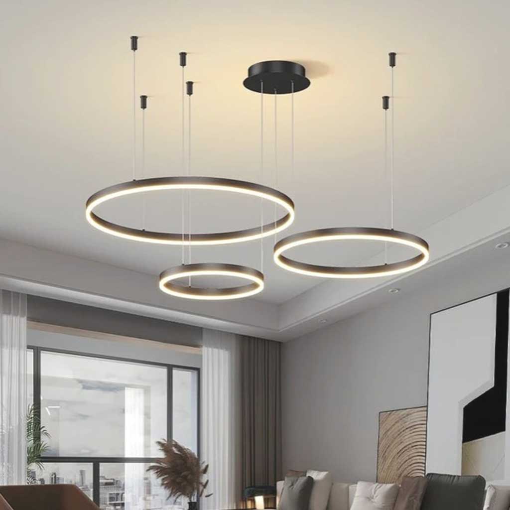 Dimbare Aluminium Kroonluchter met Ringen Zwart Goud Instelbaar LED Licht Moderne Hanglamp Woonkamer | Sansoti