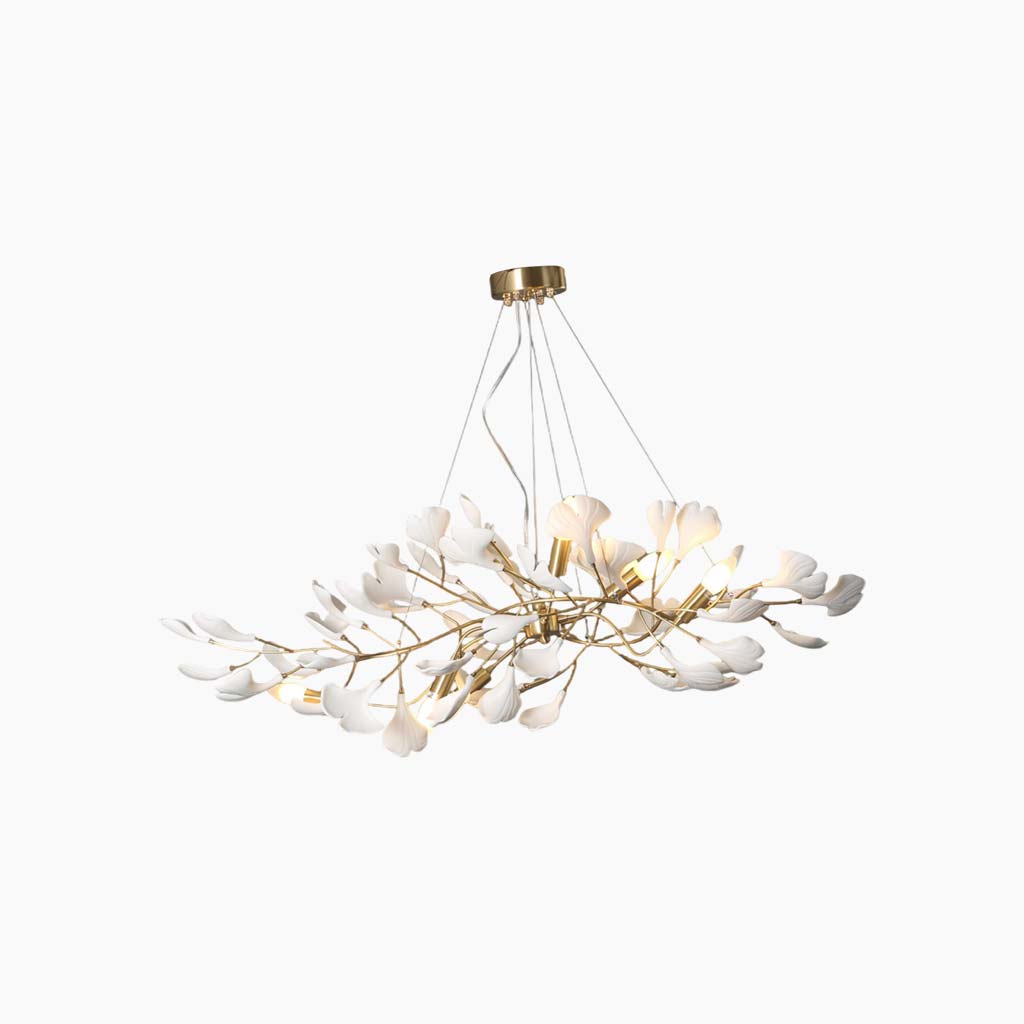 Ginkgo Leaf Chandelier, Ceramic, Gold-Colored and White, Pendant Light, Dining Room, Living Room, Bedroom Lighting | Sansoti