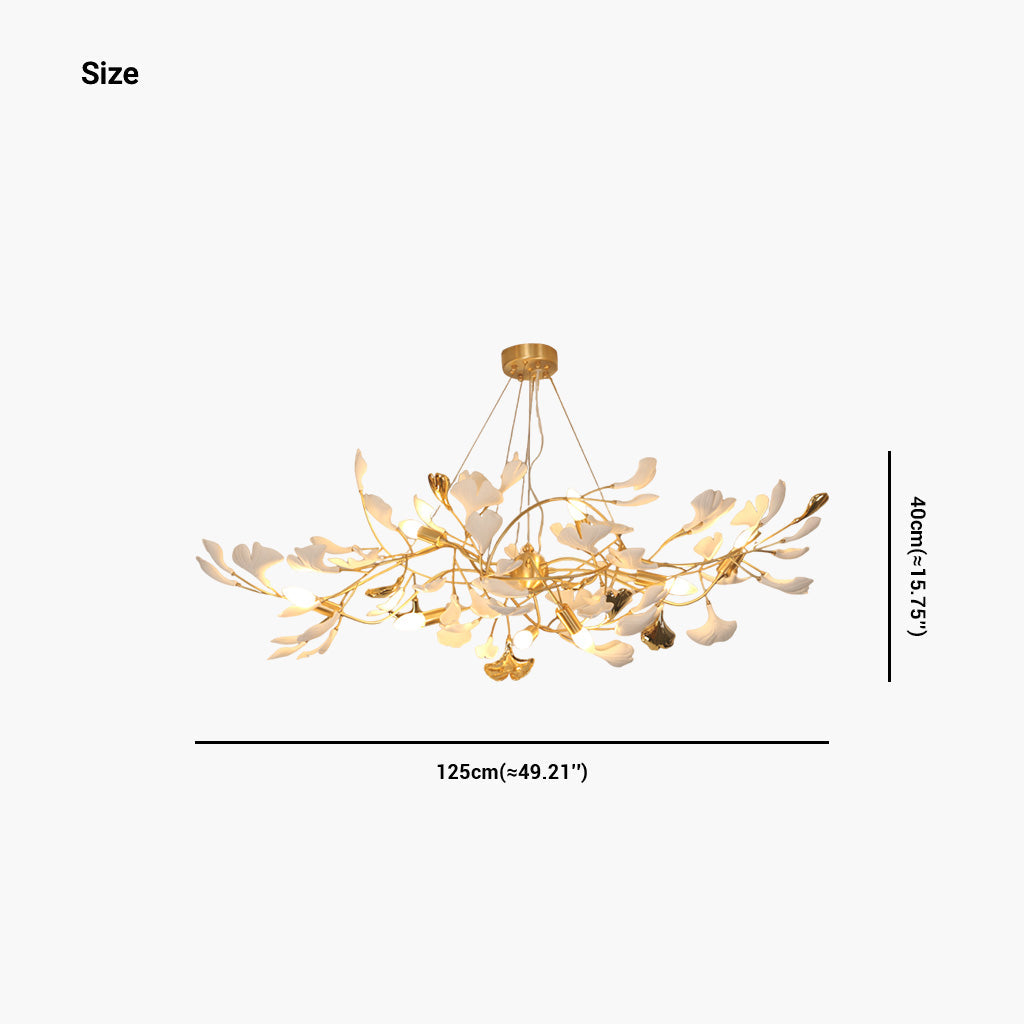 Ginkgo Leaf Chandelier, Ceramic, Gold-Colored and White, Pendant Light, Dining Room, Living Room, Bedroom Lighting | Sansoti