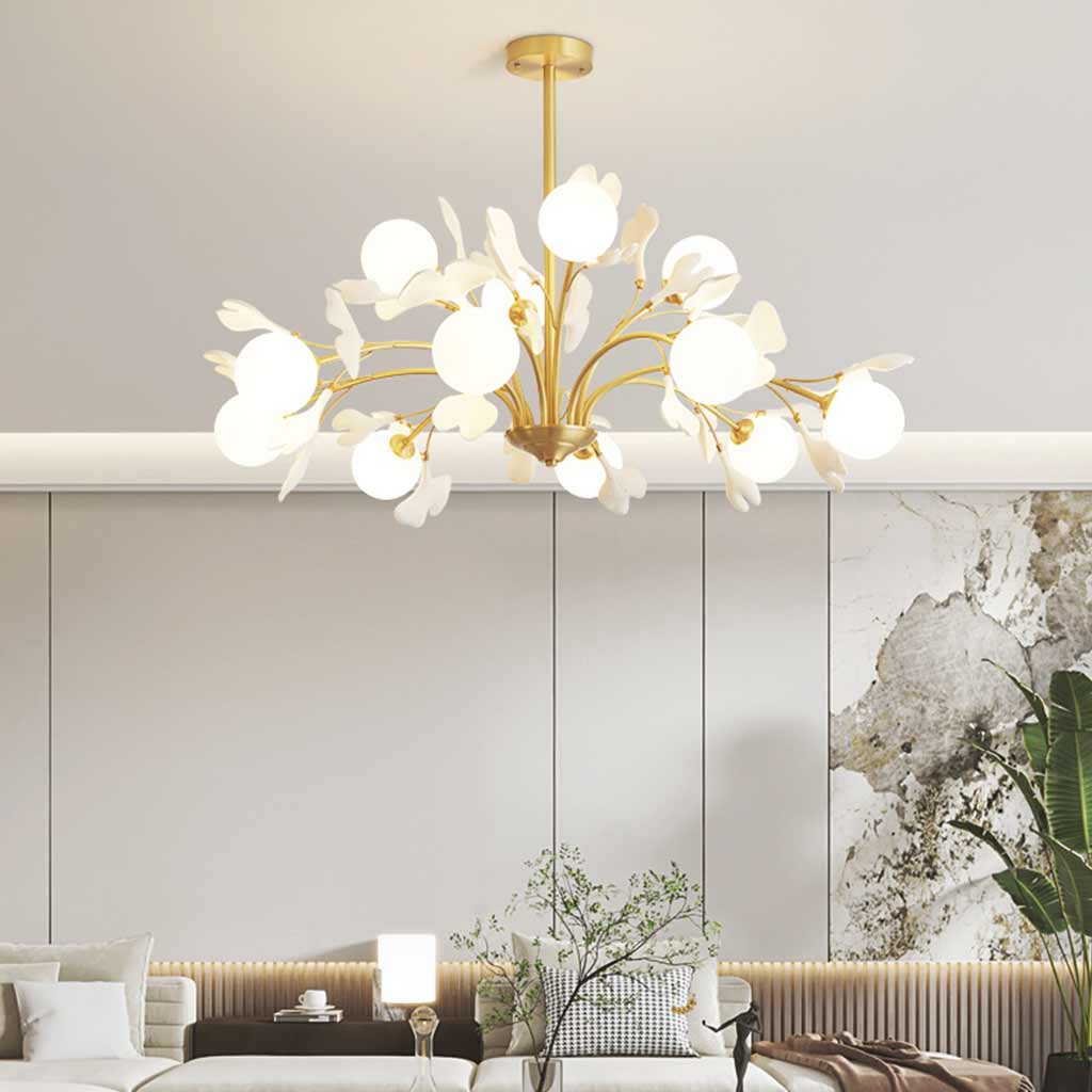 Kroonluchter met Glazen Bollen Keramiek Ginkgo Bladeren Messing Armatuur Warm Licht Woonkamer Eetkamer | Sansoti