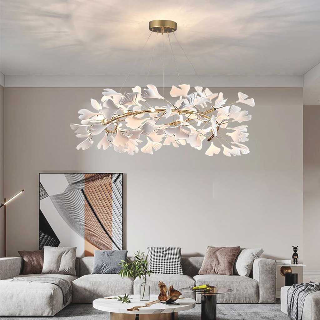 Keramischer Kronleuchter mit Ginkgoblättern Weiß Gold LED-Deckenleuchte Esszimmer Wohnzimmer Modern Skandinavisch | Sansoti