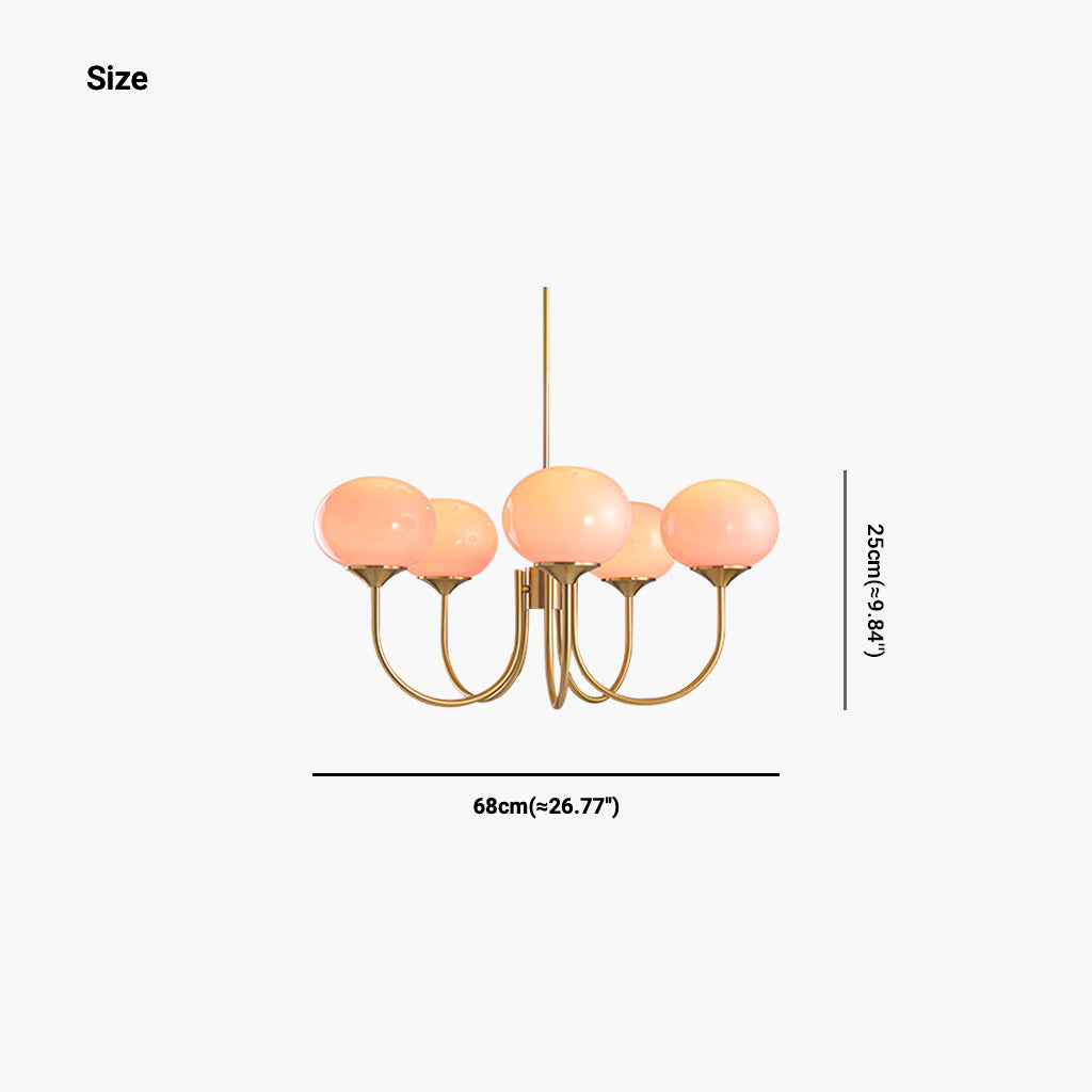 Glaskugel-Kronleuchter mit goldenem Gestell, 3 oder 5 Leuchtmittel, Rosa-Weiß, modern, romantisch, elegante Hängeleuchte für das Wohnzimmer | Sansoti