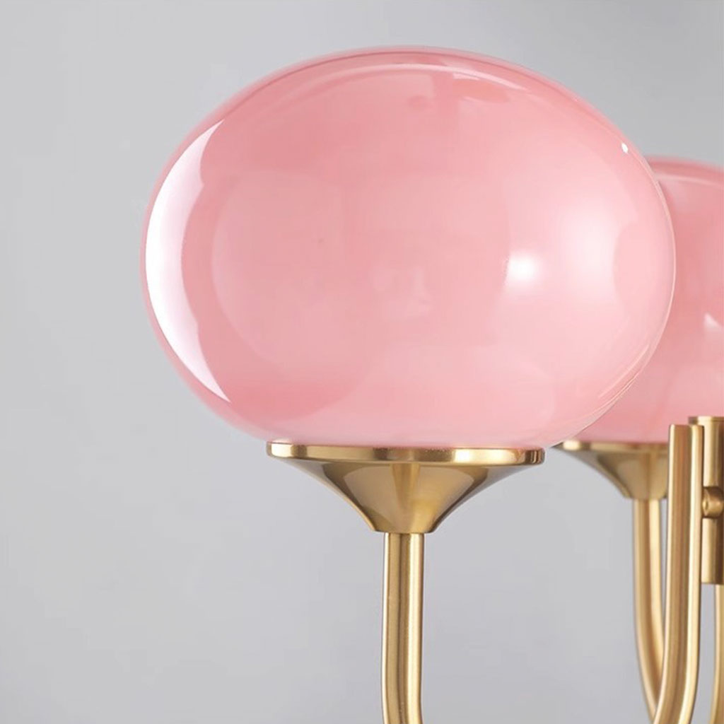 Glaskugel-Kronleuchter mit goldenem Gestell, 3 oder 5 Leuchtmittel, Rosa-Weiß, modern, romantisch, elegante Hängeleuchte für das Wohnzimmer | Sansoti