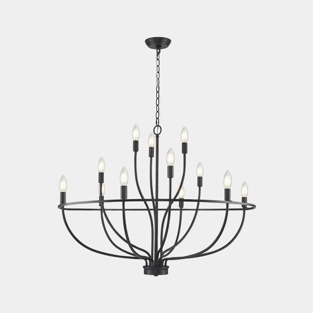 Lustre rond à branches et bougies, fer noir et doré, style champêtre, salle à manger et salon, 6, 9 ou 12 lampes | Sansoti