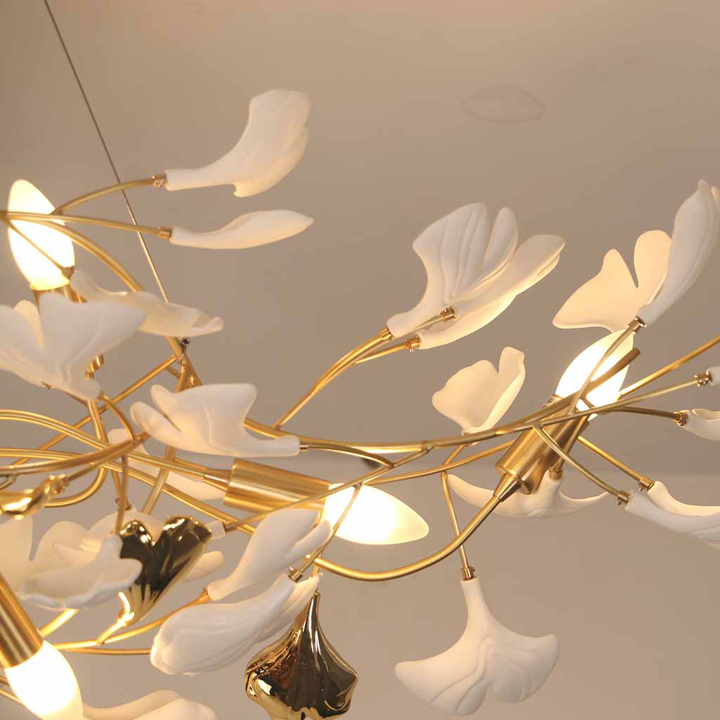 Ginkgo Leaf Chandelier, Ceramic, Gold-Colored and White, Pendant Light, Dining Room, Living Room, Bedroom Lighting | Sansoti