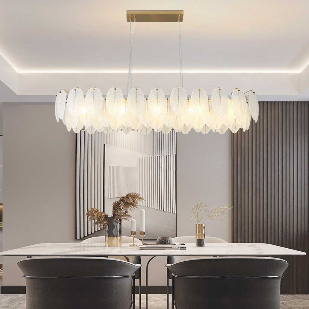 Chandelier Glass Feathers Round Rectangular Gold White LED Ceiling Light Modern Scandinavian Luxury Lighting | Sansoti