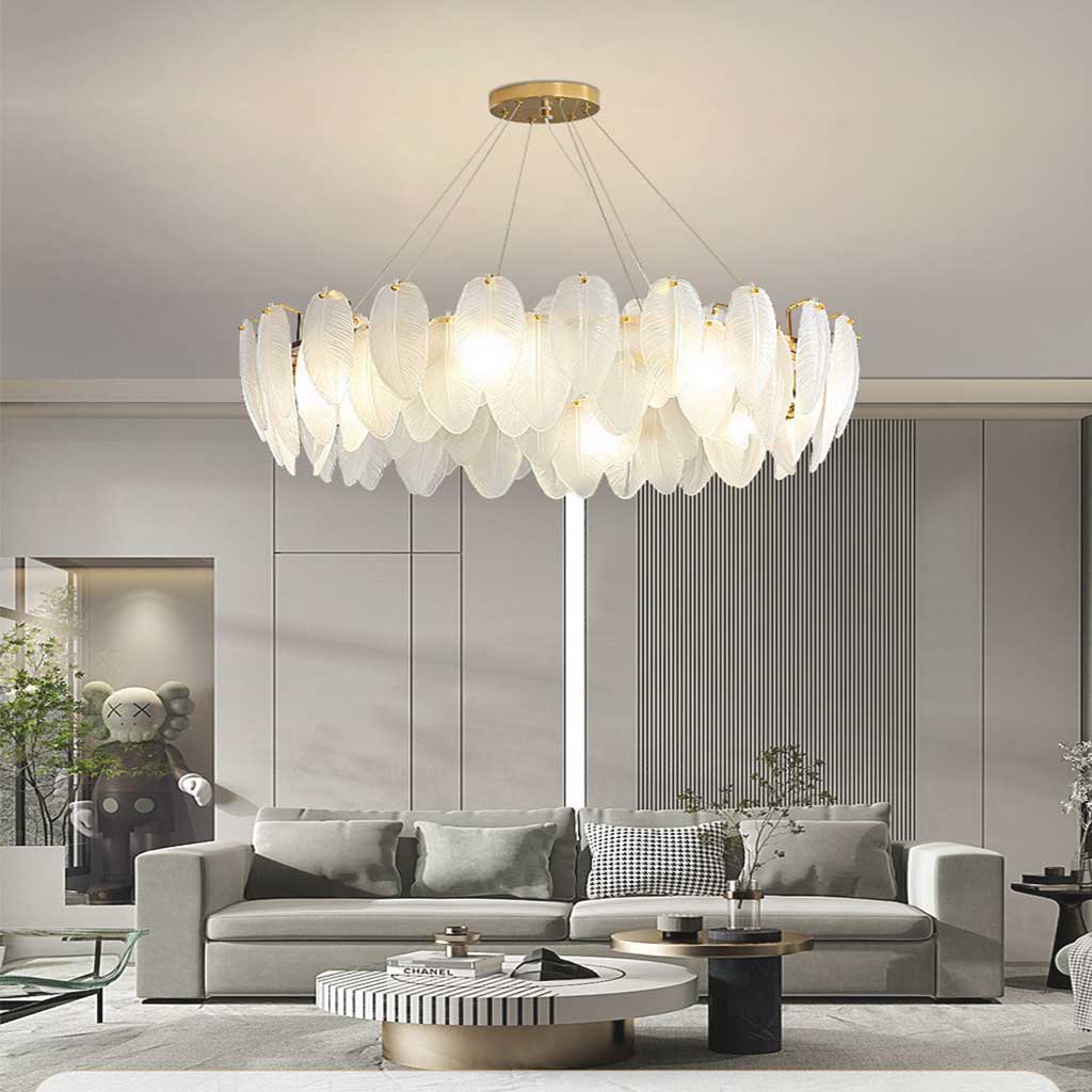 Kroonluchter Glazen Veren Rond Rechthoekig Goud Wit LED Plafondlamp Modern Scandinavisch Luxe Verlichting | Sansoti