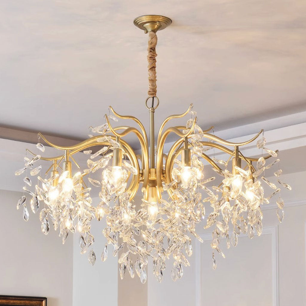 Gold Crystal Chandelier Adjustable LED Light – K9 Crystal Metal Design for Dining Room and Bedroom | Sansoti
