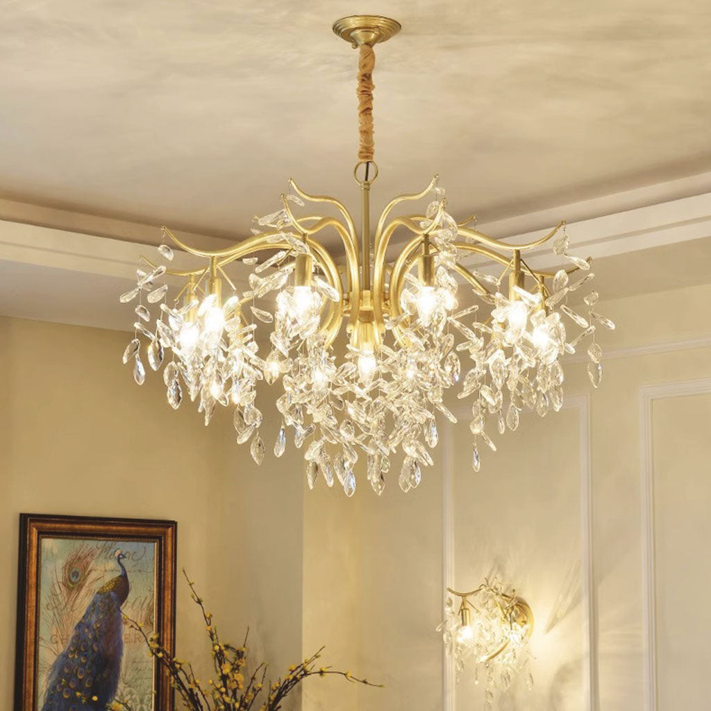 Gold Crystal Chandelier Adjustable LED Light – K9 Crystal Metal Design for Dining Room and Bedroom | Sansoti