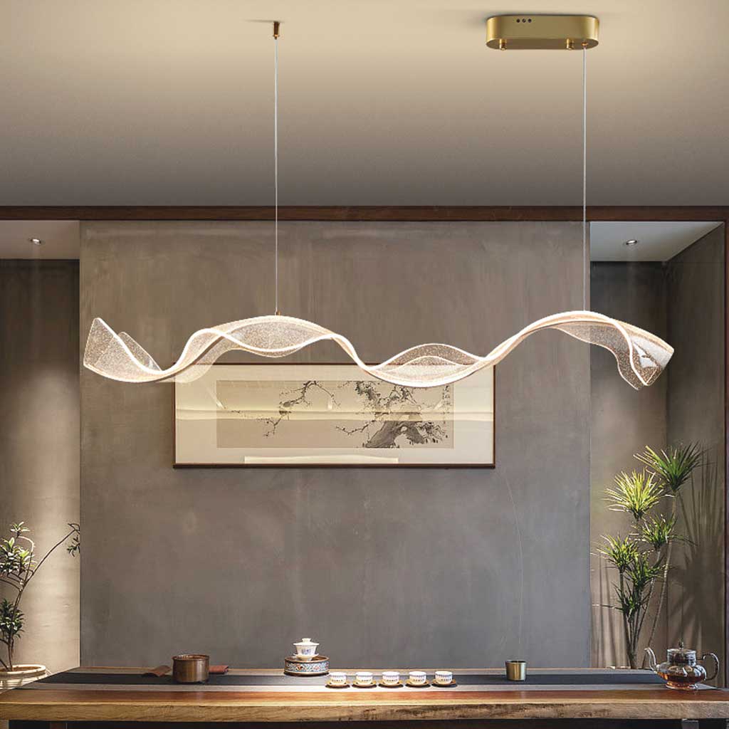 Lustre en acrylique en forme de ruban ondulé doré, LED à intensité variable, 100-220 cm, pour salle à manger et salon, design moderne luxueux | Sansoti