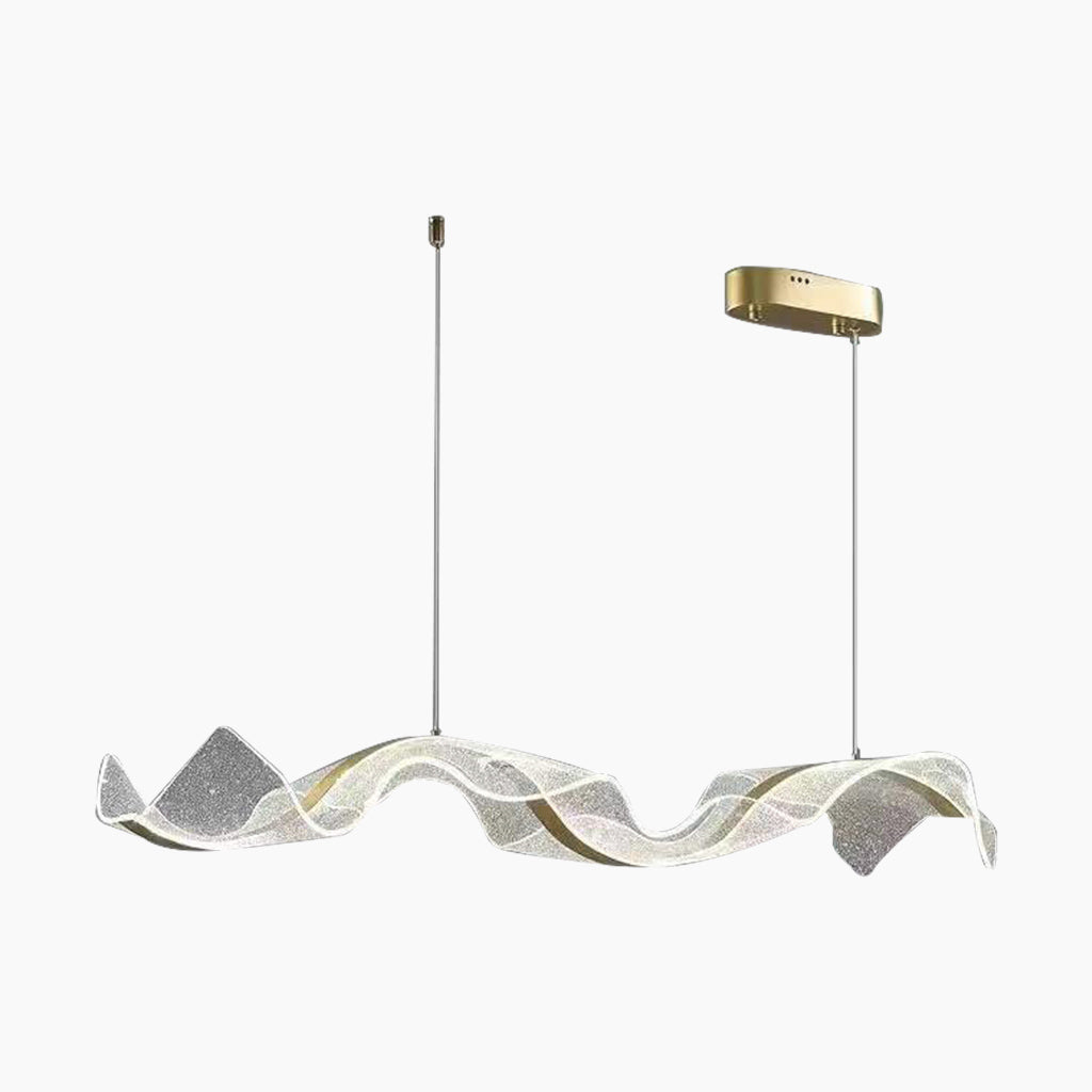 Lustre en acrylique en forme de ruban ondulé doré, LED à intensité variable, 100-220 cm, pour salle à manger et salon, design moderne luxueux | Sansoti