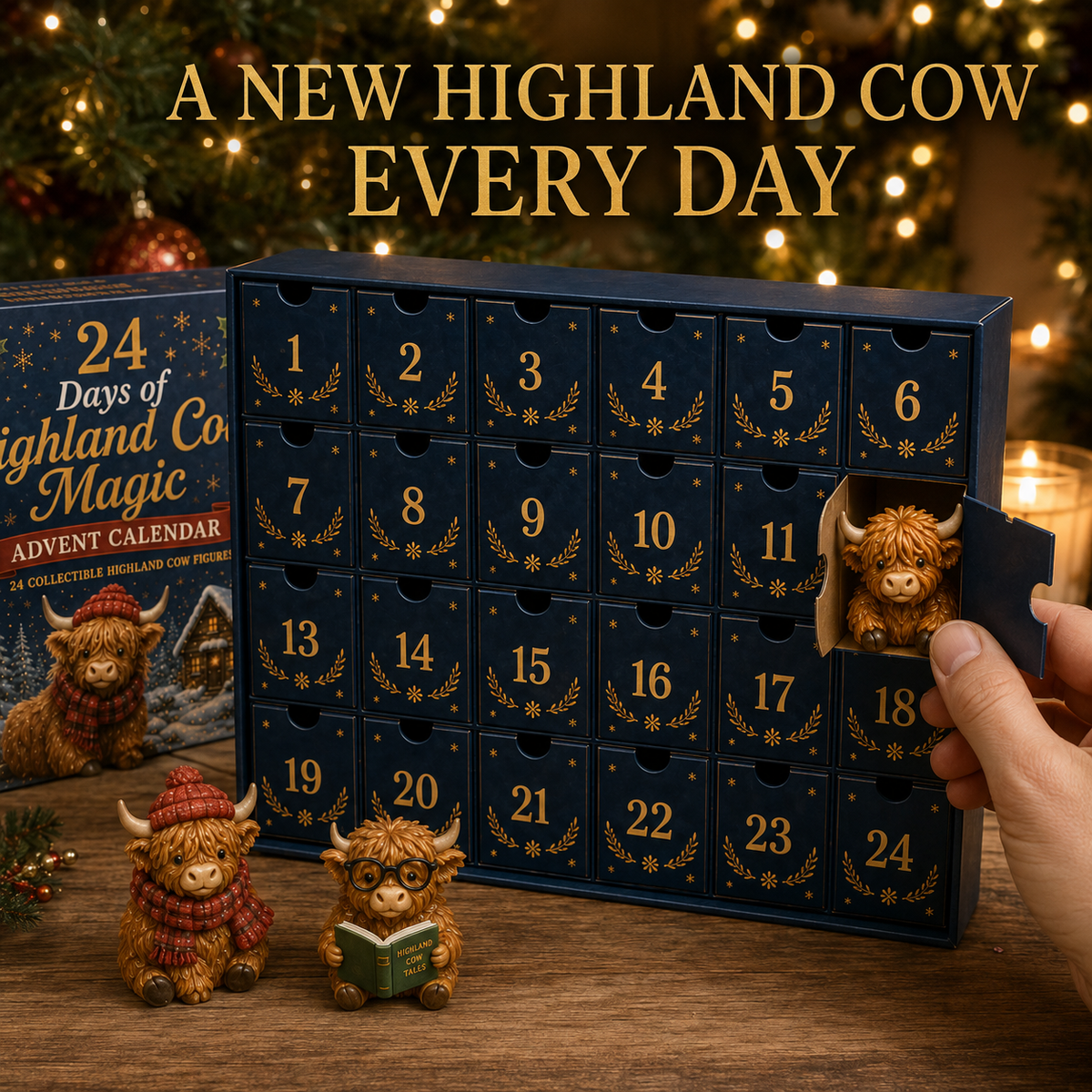 Calendrier de l'Avent avec 24 figurines de vaches Highland, compte à rebours de Noël, décoration, coffret de collection, idée de cadeau festif | Sansoti