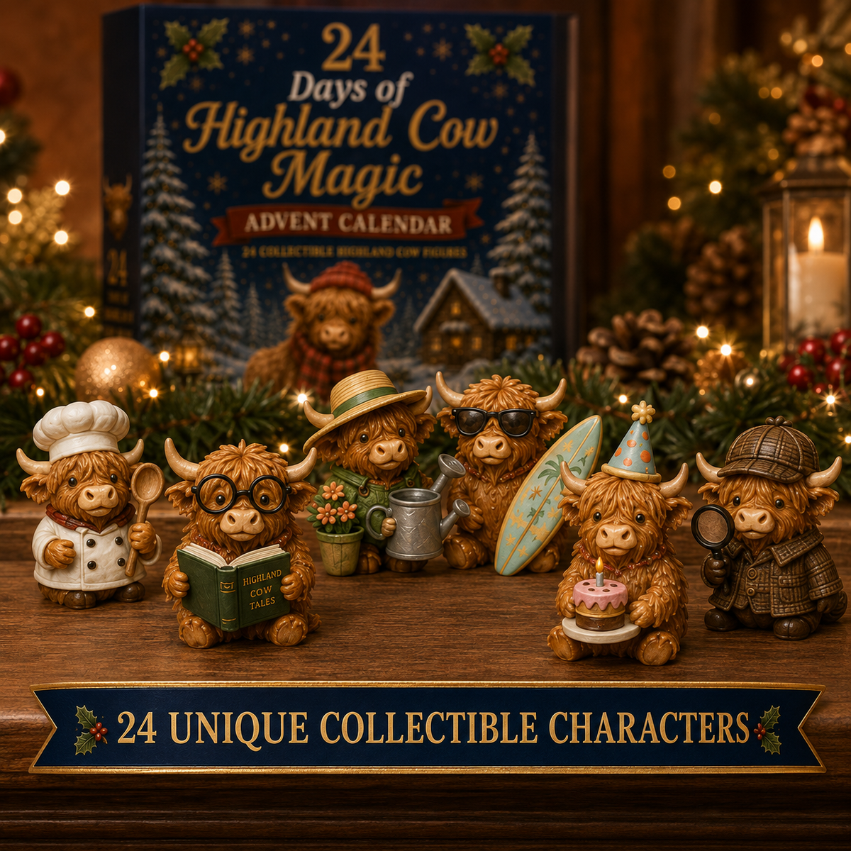 Calendrier de l'Avent avec 24 figurines de vaches Highland, compte à rebours de Noël, décoration, coffret de collection, idée de cadeau festif | Sansoti