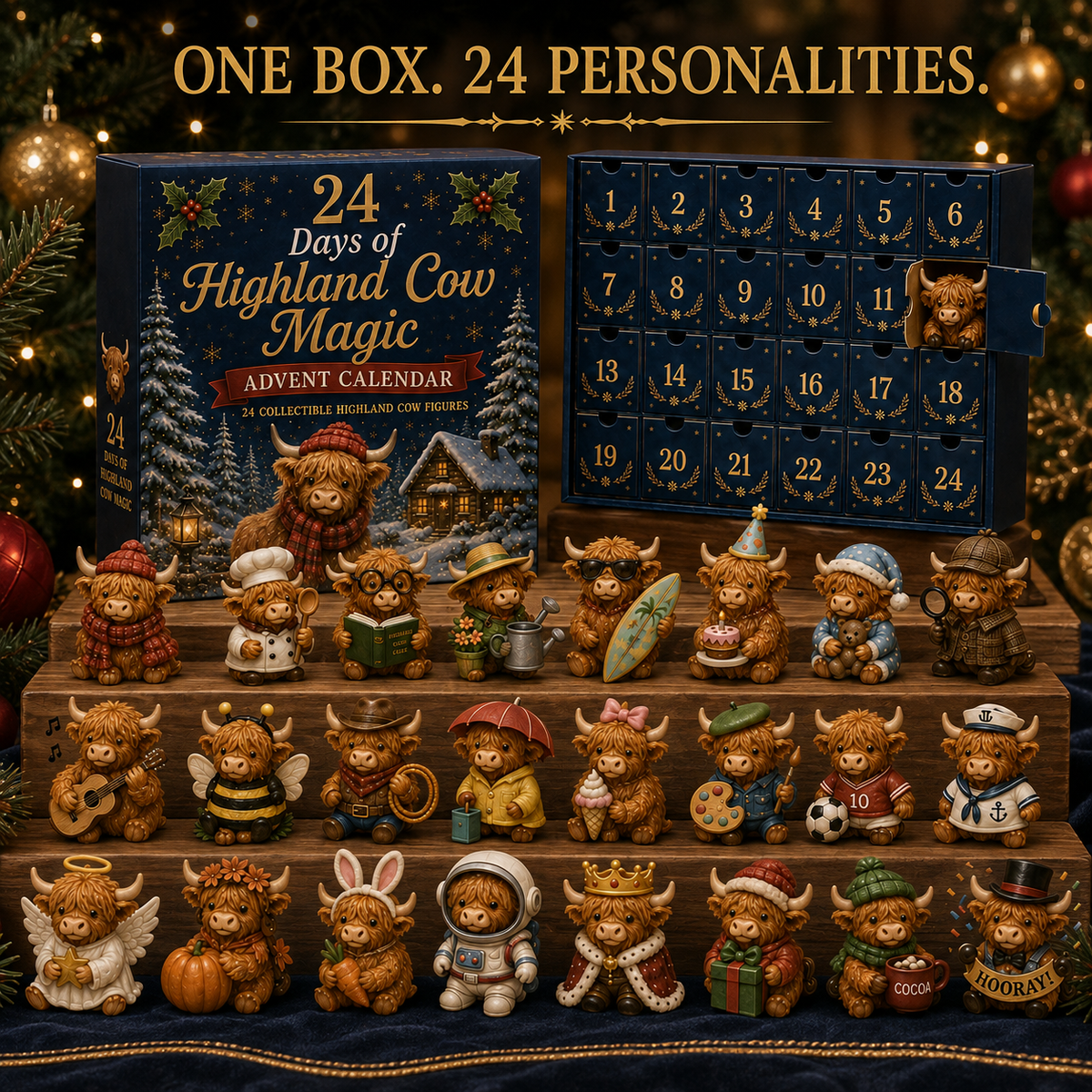 Calendrier de l'Avent avec 24 figurines de vaches Highland, compte à rebours de Noël, décoration, coffret de collection, idée de cadeau festif | Sansoti