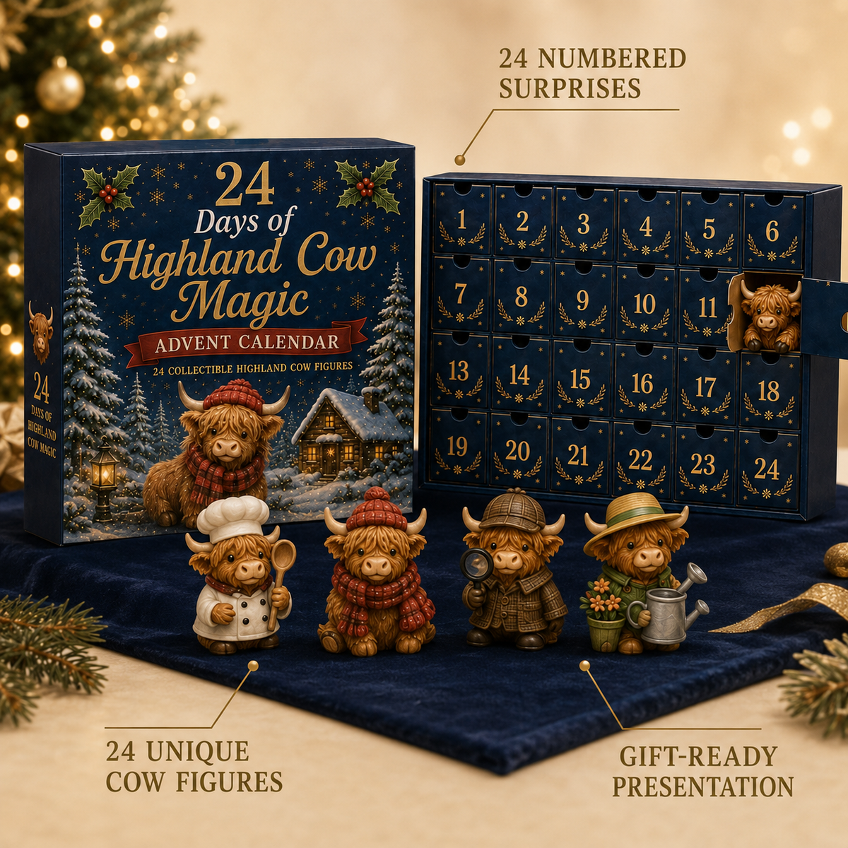 Calendrier de l'Avent avec 24 figurines de vaches Highland, compte à rebours de Noël, décoration, coffret de collection, idée de cadeau festif | Sansoti