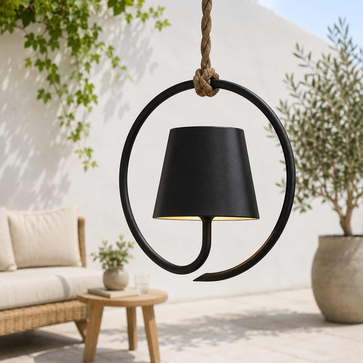 Suspension sans fil rechargeable pour extérieur étanche à intensité réglable USB-C corde de jute éclairage d’ambiance terrasse jardin | Sansoti