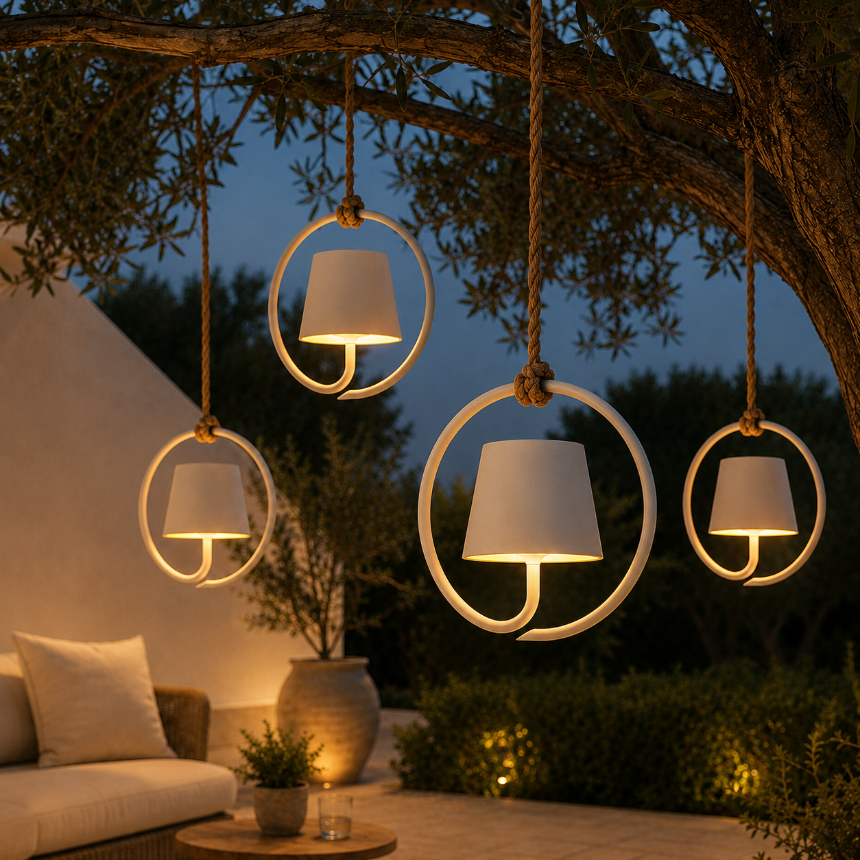 Suspension sans fil rechargeable pour extérieur étanche à intensité réglable USB-C corde de jute éclairage d’ambiance terrasse jardin | Sansoti