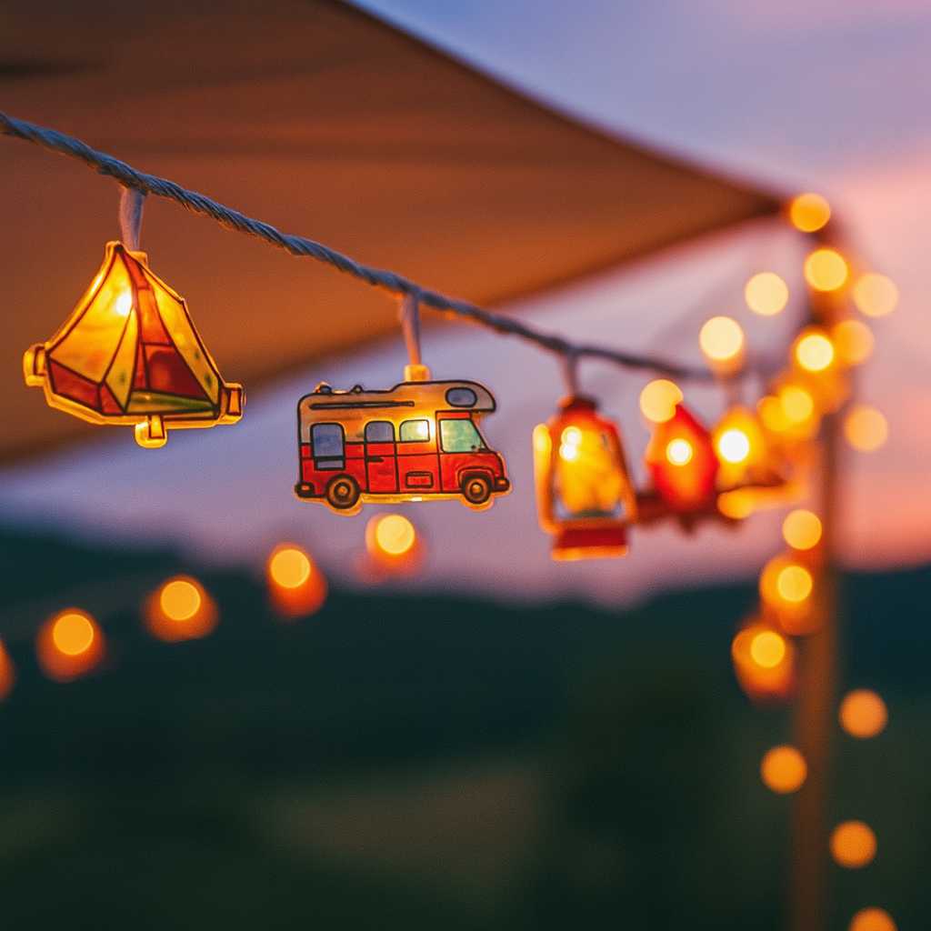 Dekorative LED-Lichterkette mit Campingmotiven, warmweißes Licht, stimmungsvolle Beleuchtung für draußen, drinnen und den Garten | Sansoti