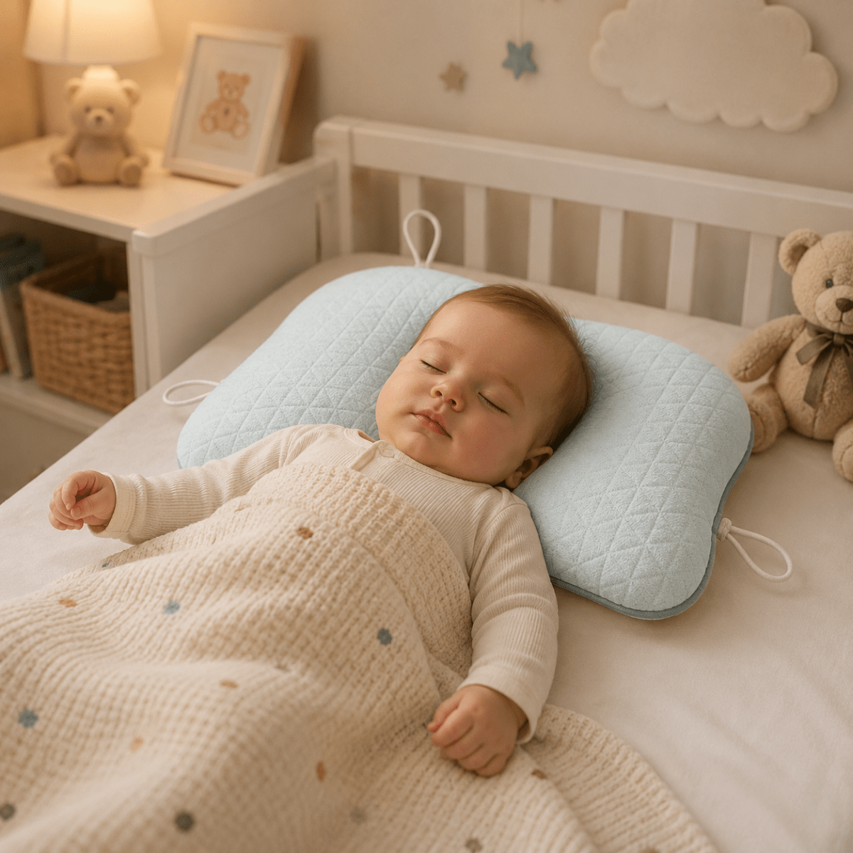 Coussin ergonomique pour bébé, soutien de tête sculpté, doux et respirant, avec maille alvéolée pour un repos confortable | Sansoti