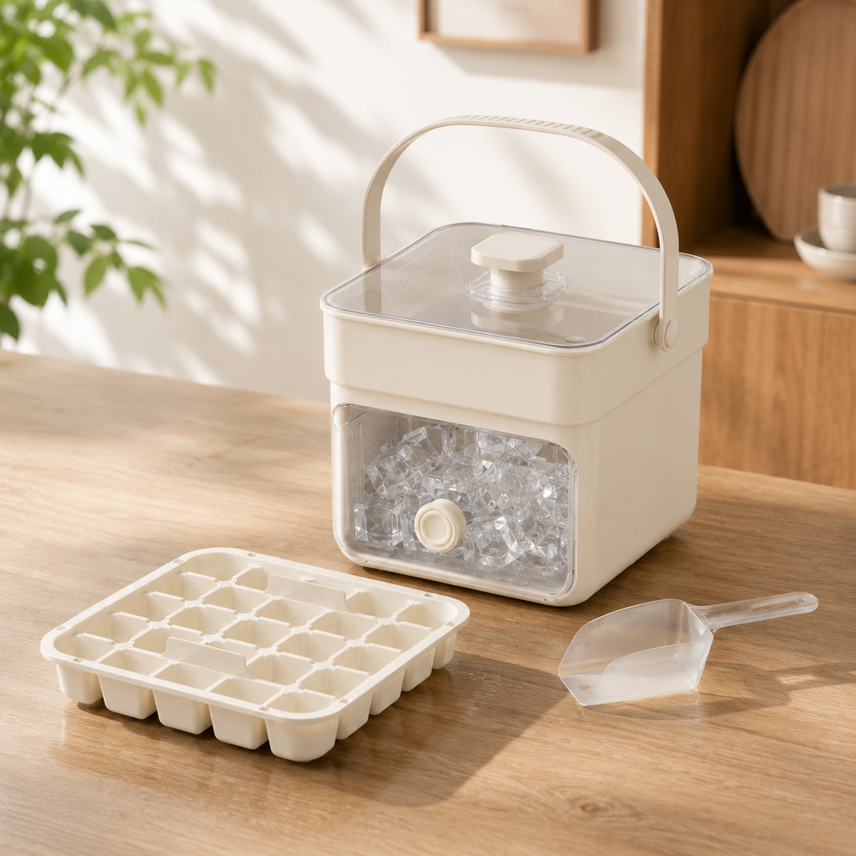 Ice Cube Maker with Lid and Storage Bin for Fresh Ice Cubes at Home, in the Kitchen, for Drinks, Cocktails and Parties | Sansoti