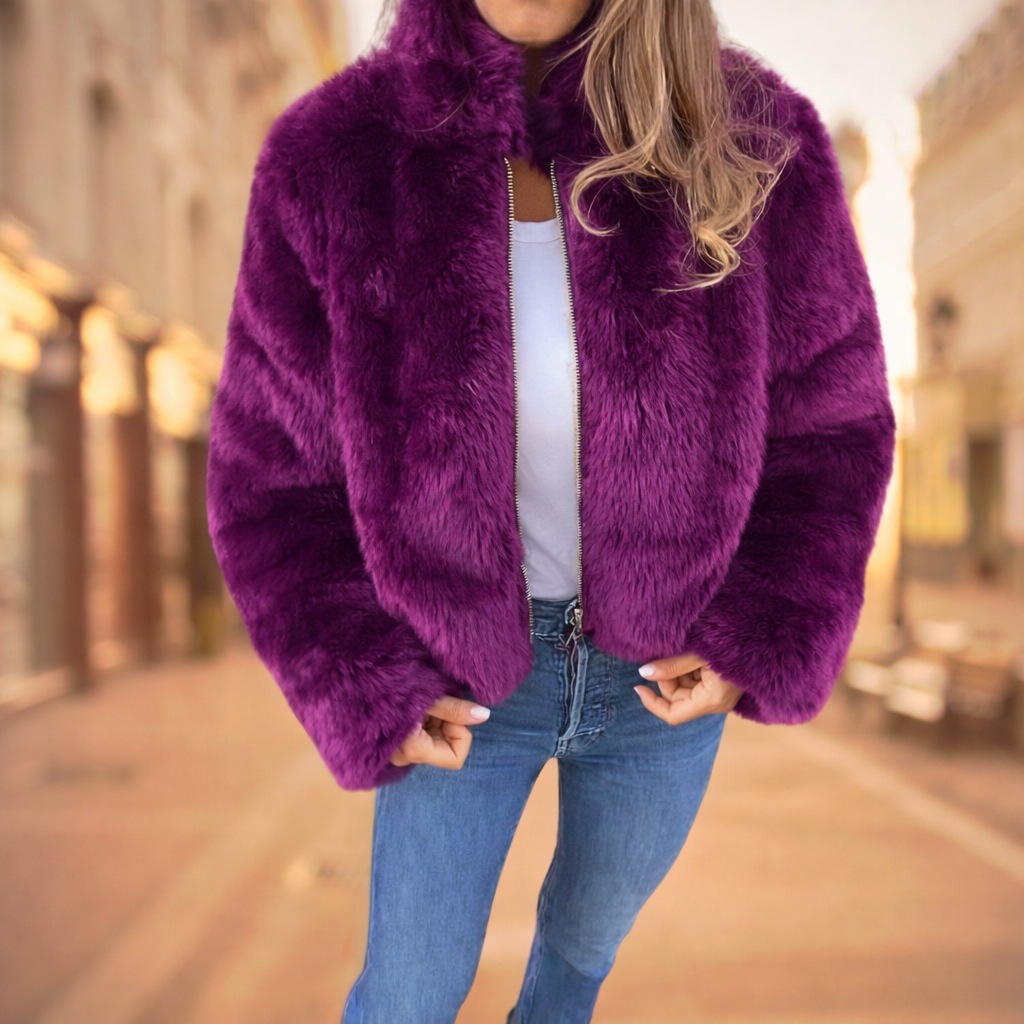 Damenjacke aus Kunstpelz mit hohem Kragen und Reißverschluss, Winterjacke, warm, elegant, leger, stilvoll und bequem | Sansoti