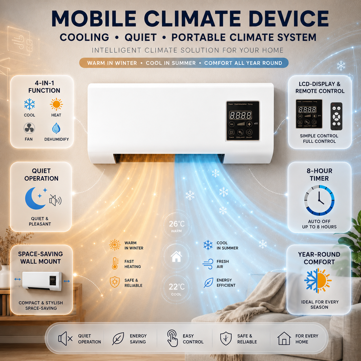 Mobiele Wandairco 4-in-1 Koeling Verwarming Ventilatie Ontvochtiging Stil Timer LCD Wit | Sansoti
