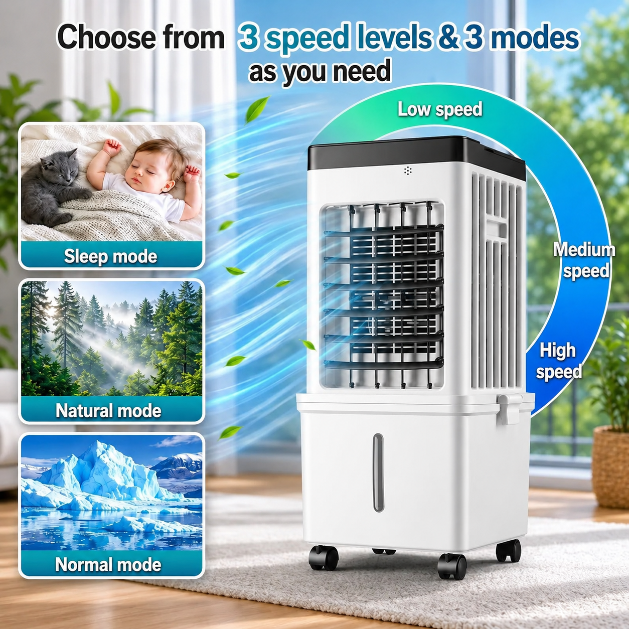 Mobile Klimaanlage Luftkühler 15L mit Wasserkühlung und Schwenkfunktion für Wohnzimmer, Schlafzimmer, Büro | Sansoti