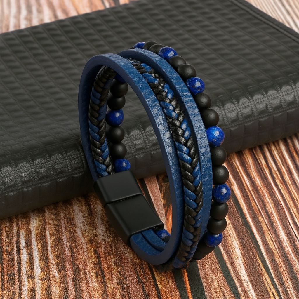 Gelaagde Leren Armband Heren Magnetische Sluiting Zinklegering Steendetails Polsband Moderne Accessoire | Sansoti