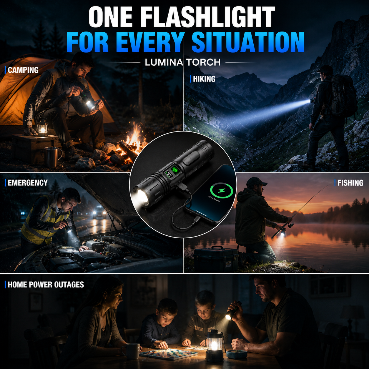 Tactische Zaklamp met Oplaadbare 5000mAh Batterij - Krachtige LED 100000 Lumen - Waterdicht & Schokbestendig - Met LCD Batterij-indicator & Powerbank Functie | Sansoti
