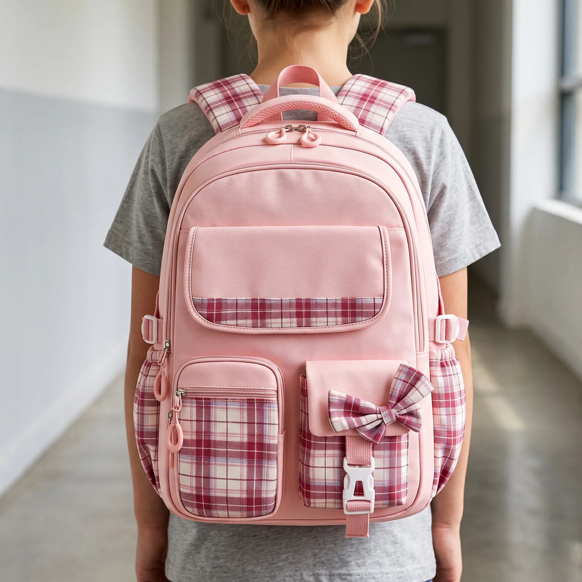 School backpack with plaid detail and ergonomic shoulder straps for elementary school students' daily use | Sansoti