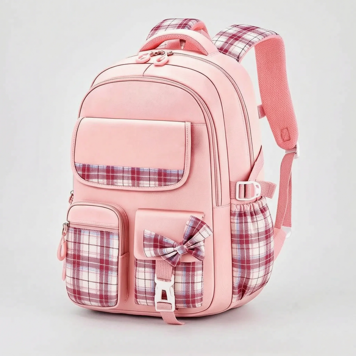 School backpack with plaid detail and ergonomic shoulder straps for elementary school students' daily use | Sansoti