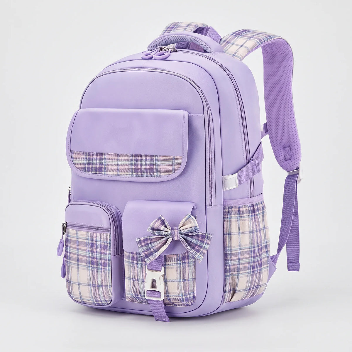 School backpack with plaid detail and ergonomic shoulder straps for elementary school students' daily use | Sansoti