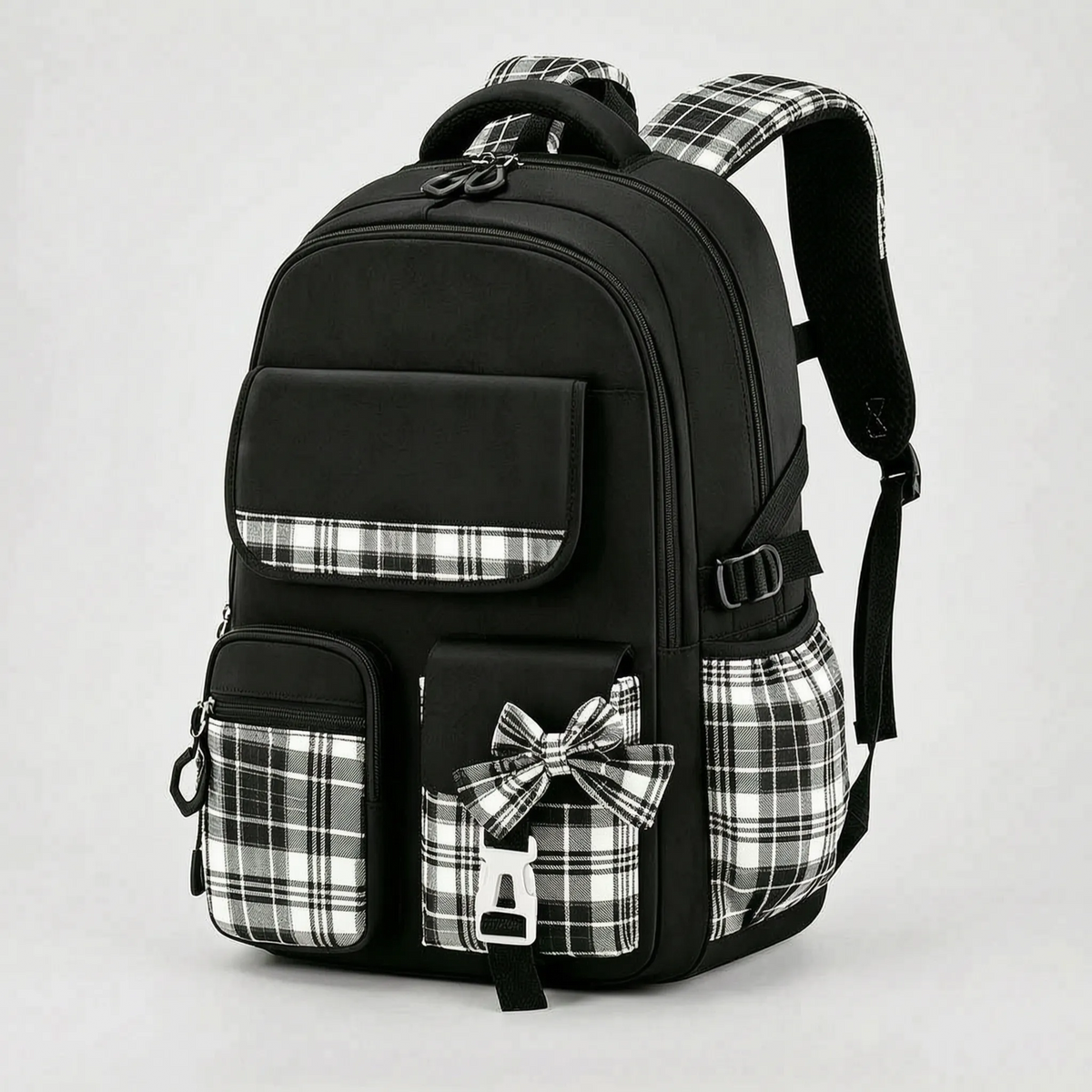 School backpack with plaid detail and ergonomic shoulder straps for elementary school students' daily use | Sansoti