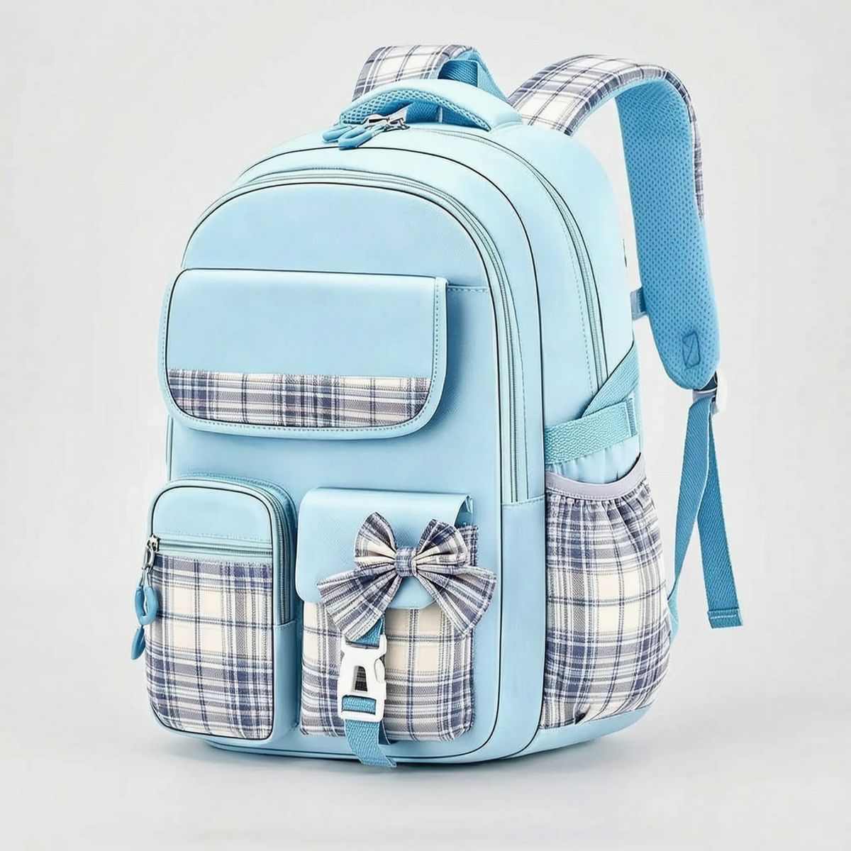 School backpack with plaid detail and ergonomic shoulder straps for elementary school students' daily use | Sansoti
