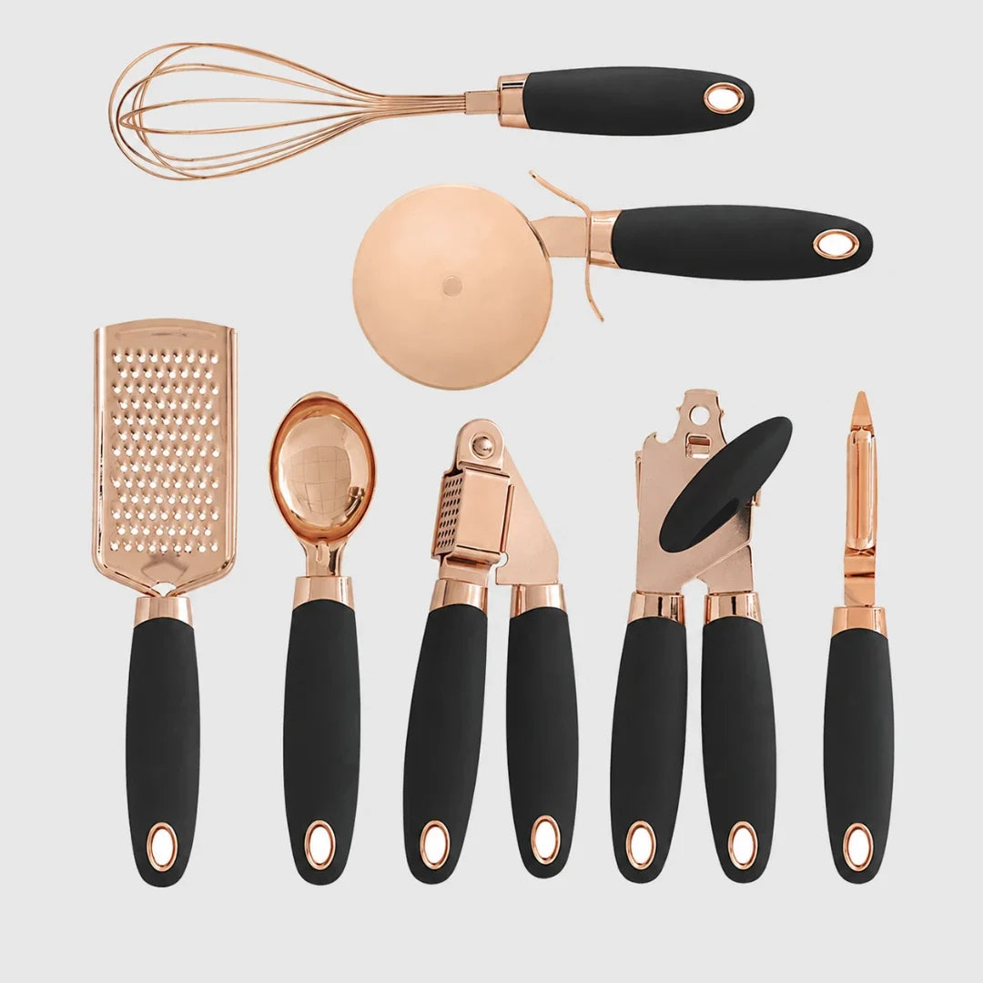 Keukengerei Set 7-Delig met Zachte Handvatten Roségoud Afwerking Compleet Keukenset Kookgerei Spatels | Sansoti