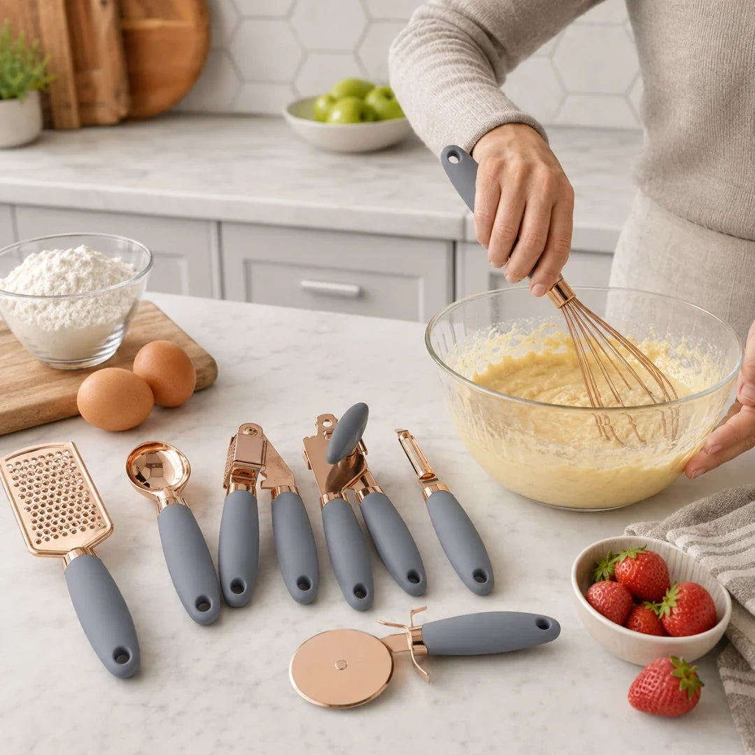 Keukengerei Set 7-Delig met Zachte Handvatten Roségoud Afwerking Compleet Keukenset Kookgerei Spatels | Sansoti