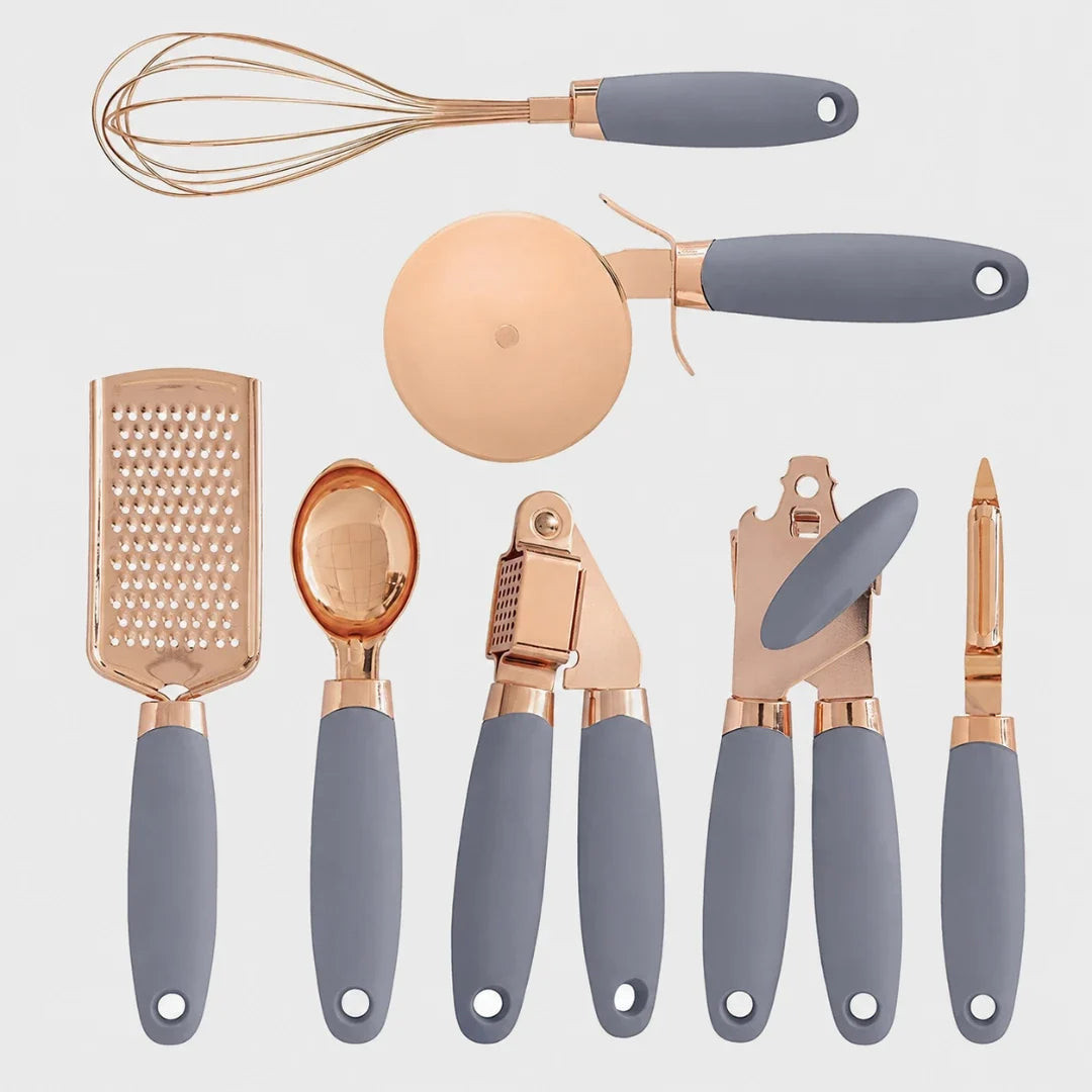 Keukengerei Set 7-Delig met Zachte Handvatten Roségoud Afwerking Compleet Keukenset Kookgerei Spatels | Sansoti