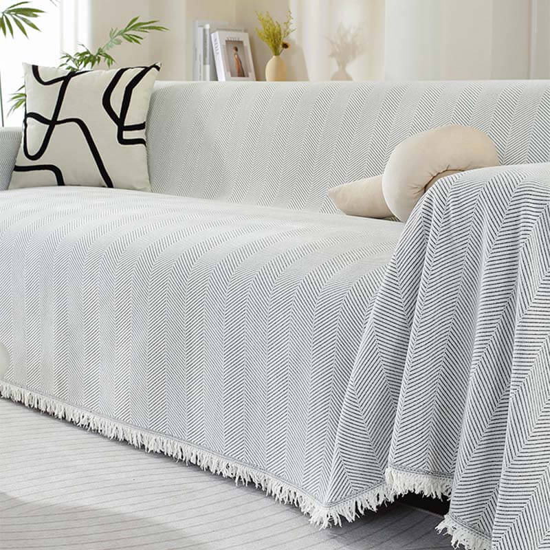 Chenille Plaid met Visgraatpatroon en Kwasten – Zachte Bankdeken 180x130cm – Decoratief Woonkleed voor Sofa | Sansoti