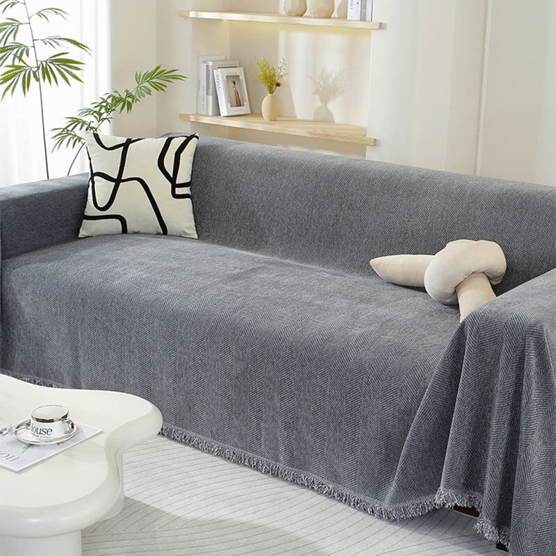 Chenille Plaid met Visgraatpatroon en Kwasten – Zachte Bankdeken 180x130cm – Decoratief Woonkleed voor Sofa | Sansoti