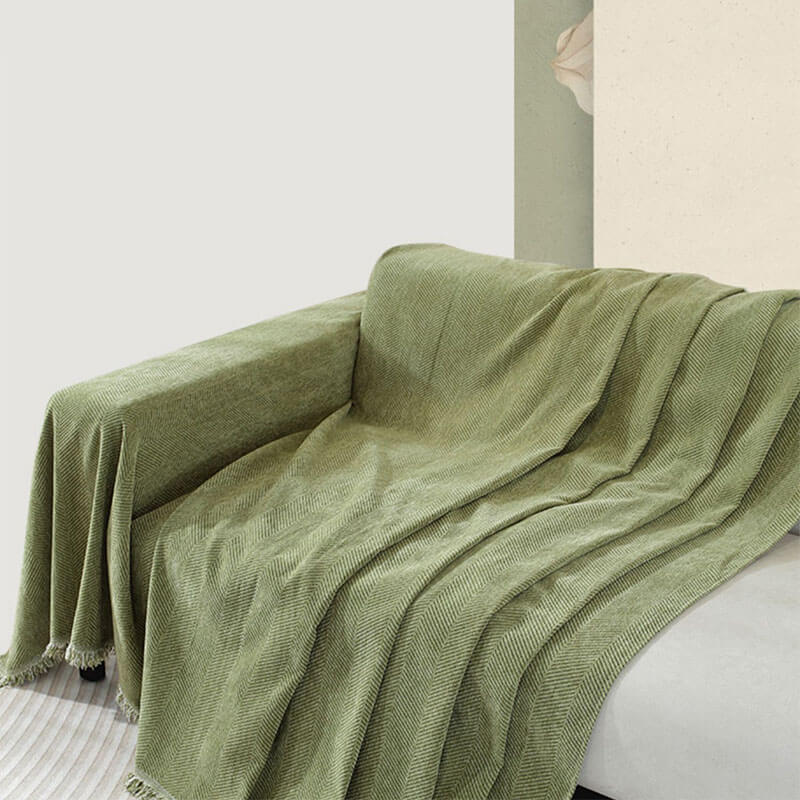 Chenille Plaid met Visgraatpatroon en Kwasten – Zachte Bankdeken 180x130cm – Decoratief Woonkleed voor Sofa | Sansoti