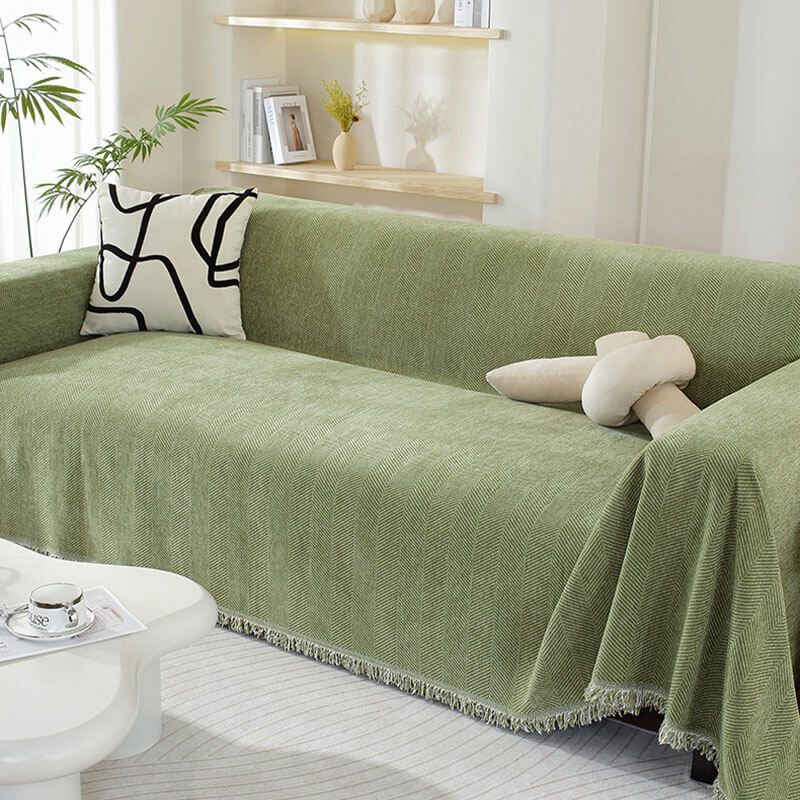 Chenille Plaid met Visgraatpatroon en Kwasten – Zachte Bankdeken 180x130cm – Decoratief Woonkleed voor Sofa | Sansoti