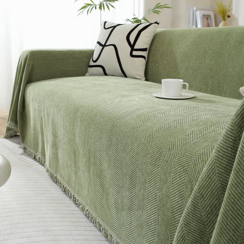 Chenille Plaid met Visgraatpatroon en Kwasten – Zachte Bankdeken 180x130cm – Decoratief Woonkleed voor Sofa | Sansoti