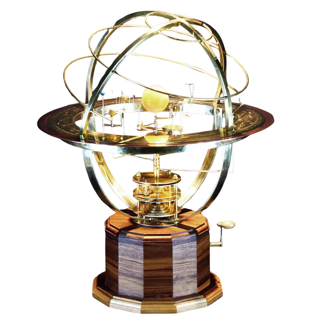 Modèle de système solaire mécanique en laiton et pierres semi-précieuses, 9 planètes, 28 lunes, base en chêne, décoratif et mobile | Sansoti