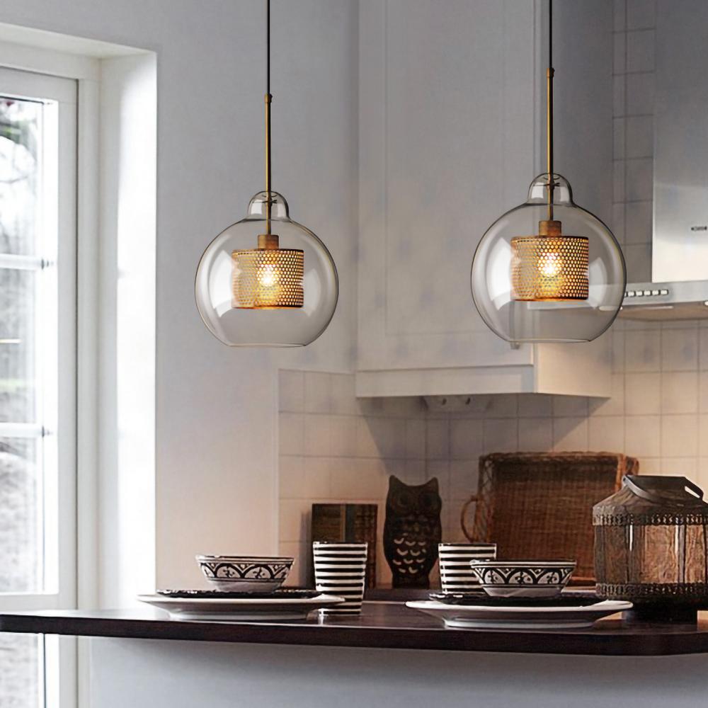 Glazen Hanglamp met Metalen Gaaskap Transparant Amber Zwart Goud 20-30cm Scandinavisch Design Eetkamer Keuken | Sansoti